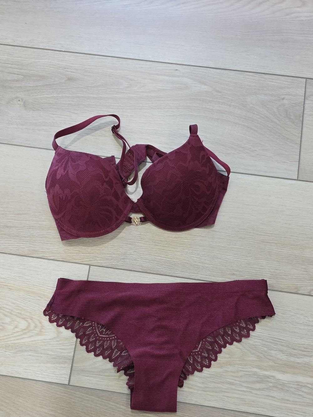 Adrienne Vittadini Lace-Detail Underwire Push Up Bra & Bikini Panty Set - Wine